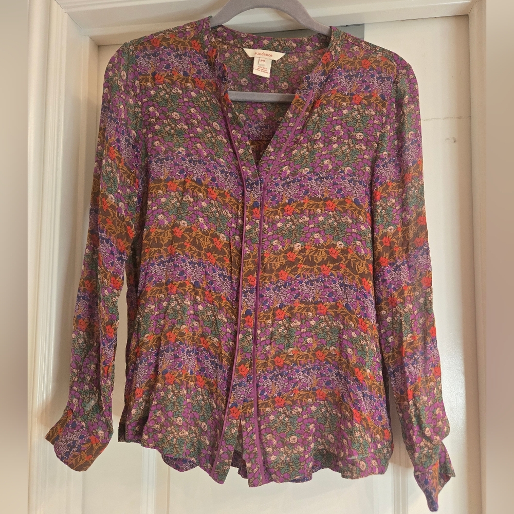 Sundance Floral Women's Button Long Sleeve Blouse, Size Petite Small, 100% Silk